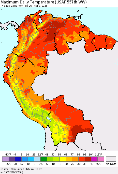 Northern South America Maximum Daily Temperature (USAF 557th WW) Thematic Map For 2/26/2024 - 3/3/2024