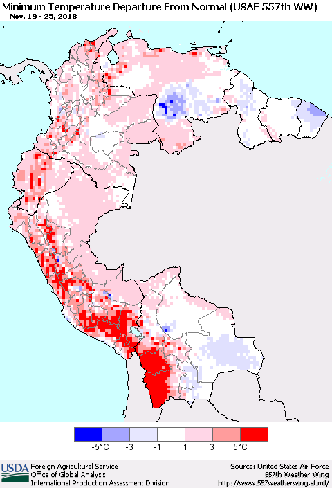 Northern South America Mean Minimum Temperature Departure from Normal (USAF 557th WW) Thematic Map For 11/19/2018 - 11/25/2018