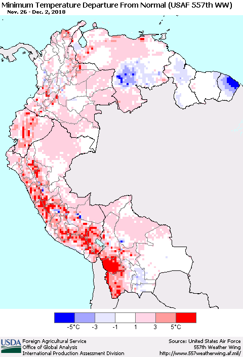 Northern South America Mean Minimum Temperature Departure from Normal (USAF 557th WW) Thematic Map For 11/26/2018 - 12/2/2018