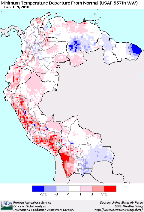 Northern South America Mean Minimum Temperature Departure from Normal (USAF 557th WW) Thematic Map For 12/3/2018 - 12/9/2018