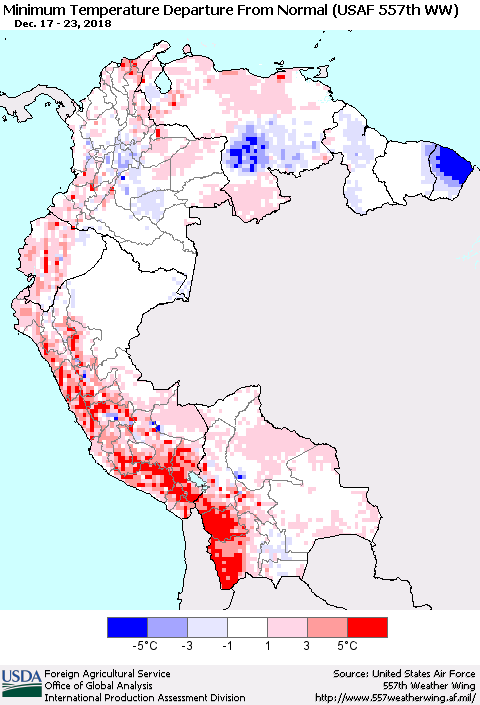 Northern South America Mean Minimum Temperature Departure from Normal (USAF 557th WW) Thematic Map For 12/17/2018 - 12/23/2018