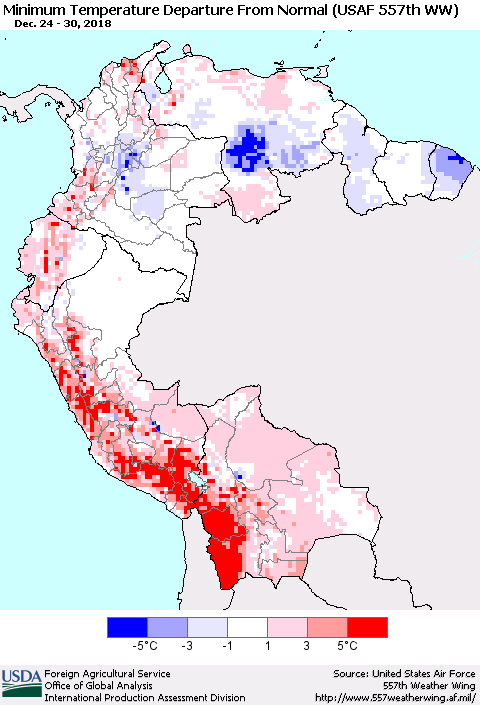Northern South America Mean Minimum Temperature Departure from Normal (USAF 557th WW) Thematic Map For 12/24/2018 - 12/30/2018