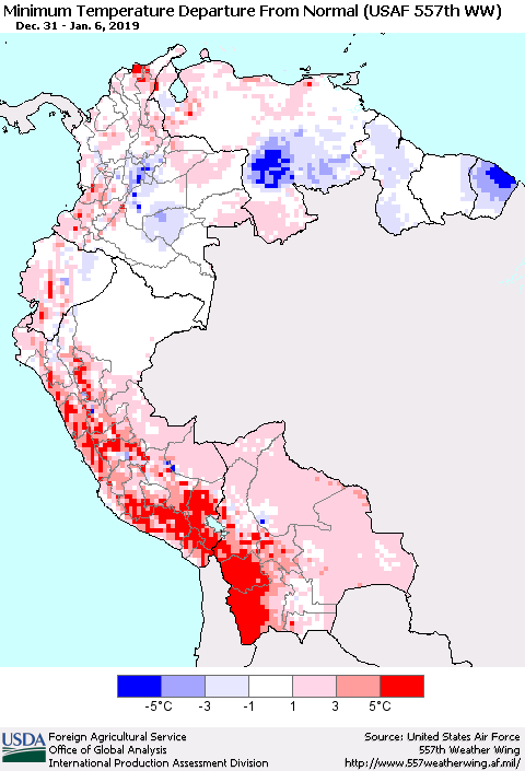 Northern South America Mean Minimum Temperature Departure from Normal (USAF 557th WW) Thematic Map For 12/31/2018 - 1/6/2019