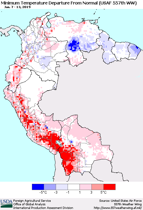 Northern South America Mean Minimum Temperature Departure from Normal (USAF 557th WW) Thematic Map For 1/7/2019 - 1/13/2019