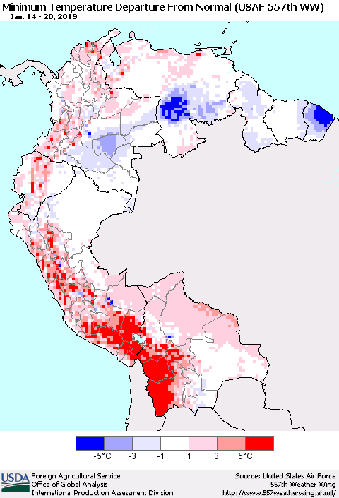 Northern South America Mean Minimum Temperature Departure from Normal (USAF 557th WW) Thematic Map For 1/14/2019 - 1/20/2019
