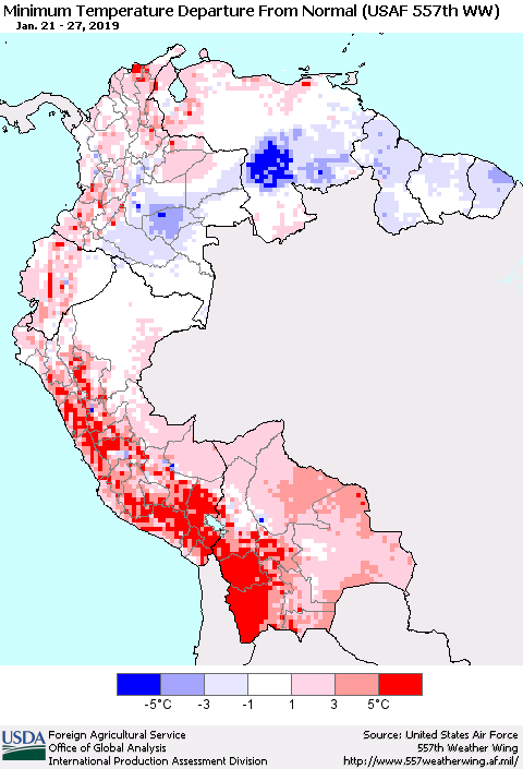Northern South America Mean Minimum Temperature Departure from Normal (USAF 557th WW) Thematic Map For 1/21/2019 - 1/27/2019