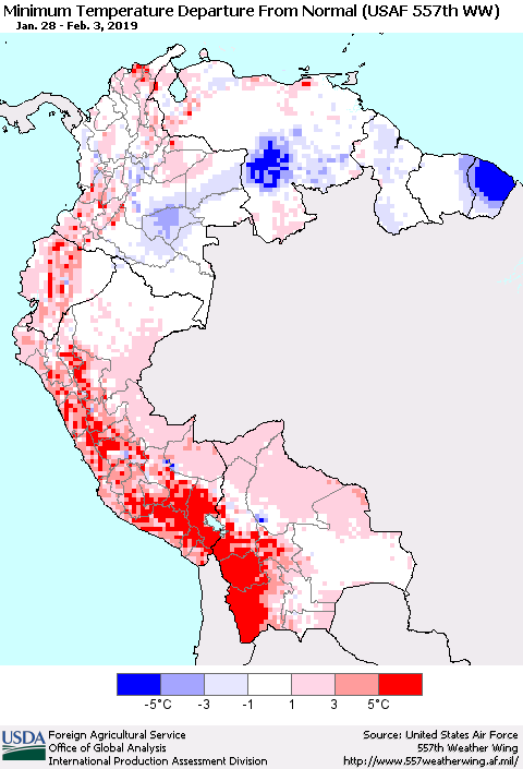 Northern South America Mean Minimum Temperature Departure from Normal (USAF 557th WW) Thematic Map For 1/28/2019 - 2/3/2019