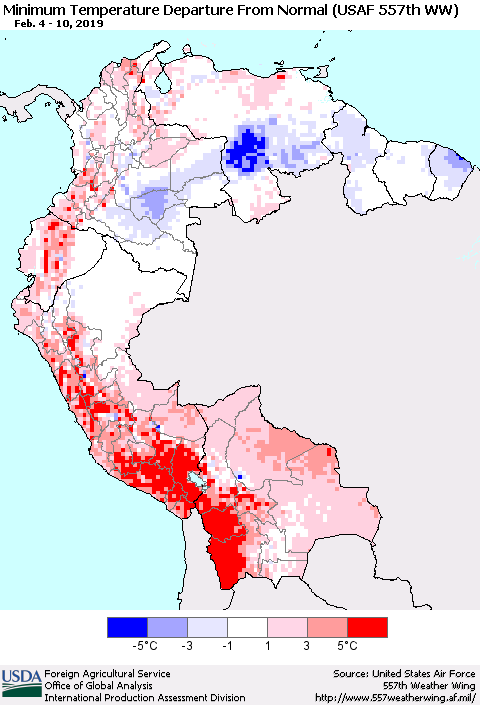 Northern South America Mean Minimum Temperature Departure from Normal (USAF 557th WW) Thematic Map For 2/4/2019 - 2/10/2019