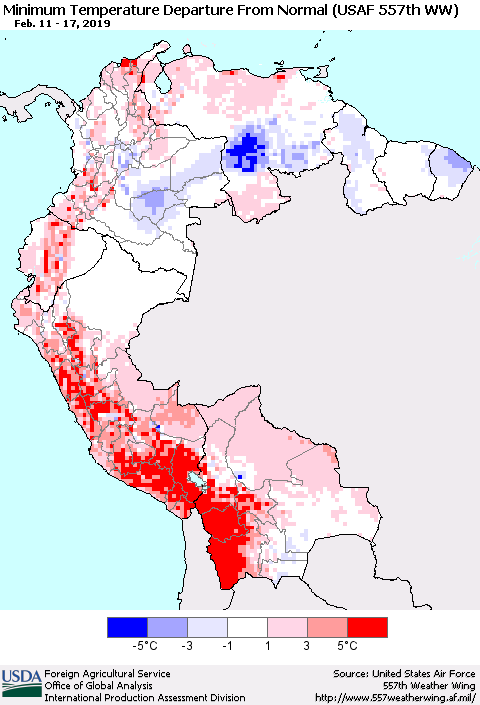 Northern South America Mean Minimum Temperature Departure from Normal (USAF 557th WW) Thematic Map For 2/11/2019 - 2/17/2019