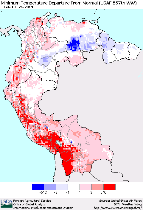 Northern South America Mean Minimum Temperature Departure from Normal (USAF 557th WW) Thematic Map For 2/18/2019 - 2/24/2019