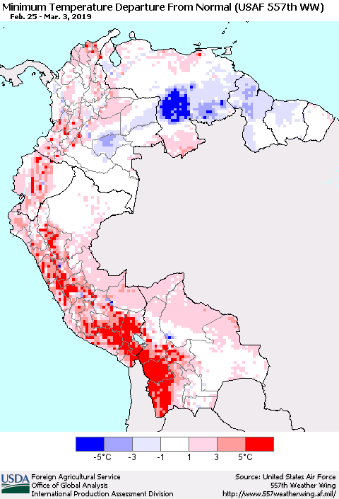 Northern South America Mean Minimum Temperature Departure from Normal (USAF 557th WW) Thematic Map For 2/25/2019 - 3/3/2019