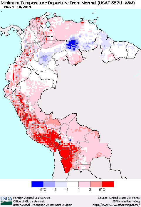 Northern South America Mean Minimum Temperature Departure from Normal (USAF 557th WW) Thematic Map For 3/4/2019 - 3/10/2019