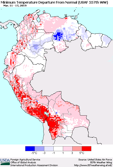 Northern South America Mean Minimum Temperature Departure from Normal (USAF 557th WW) Thematic Map For 3/11/2019 - 3/17/2019