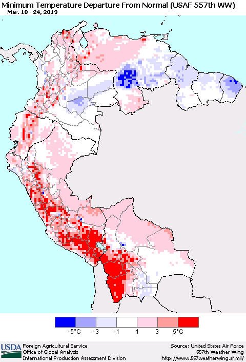 Northern South America Mean Minimum Temperature Departure from Normal (USAF 557th WW) Thematic Map For 3/18/2019 - 3/24/2019