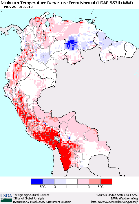 Northern South America Mean Minimum Temperature Departure from Normal (USAF 557th WW) Thematic Map For 3/25/2019 - 3/31/2019