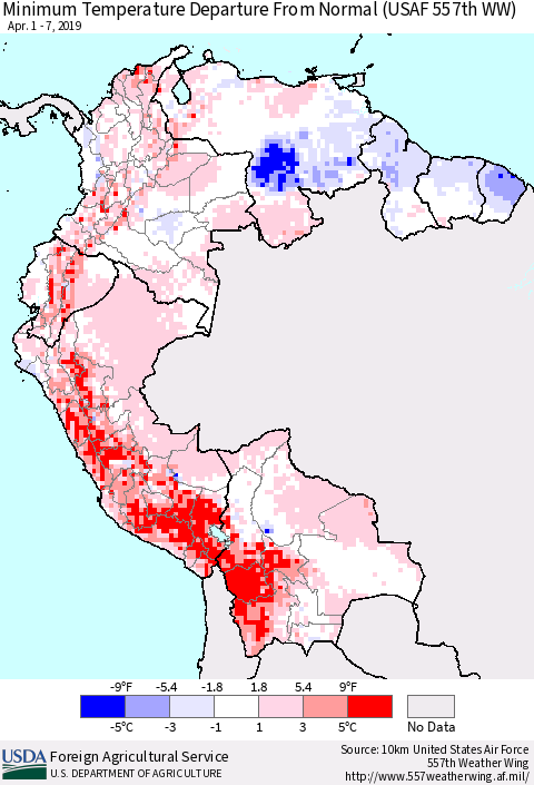 Northern South America Mean Minimum Temperature Departure from Normal (USAF 557th WW) Thematic Map For 4/1/2019 - 4/7/2019