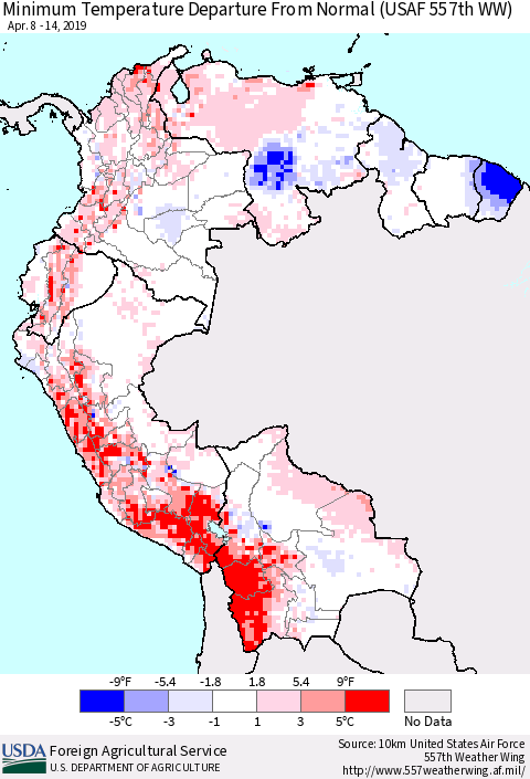 Northern South America Mean Minimum Temperature Departure from Normal (USAF 557th WW) Thematic Map For 4/8/2019 - 4/14/2019