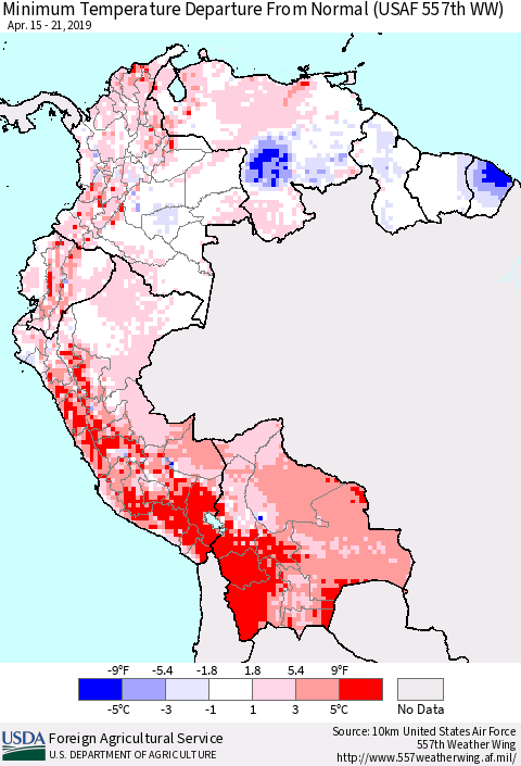 Northern South America Mean Minimum Temperature Departure from Normal (USAF 557th WW) Thematic Map For 4/15/2019 - 4/21/2019