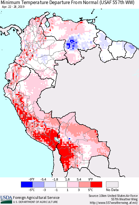 Northern South America Mean Minimum Temperature Departure from Normal (USAF 557th WW) Thematic Map For 4/22/2019 - 4/28/2019
