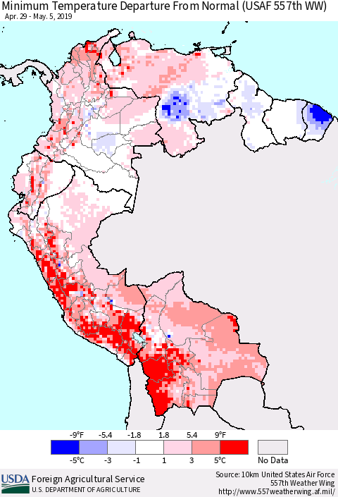 Northern South America Mean Minimum Temperature Departure from Normal (USAF 557th WW) Thematic Map For 4/29/2019 - 5/5/2019