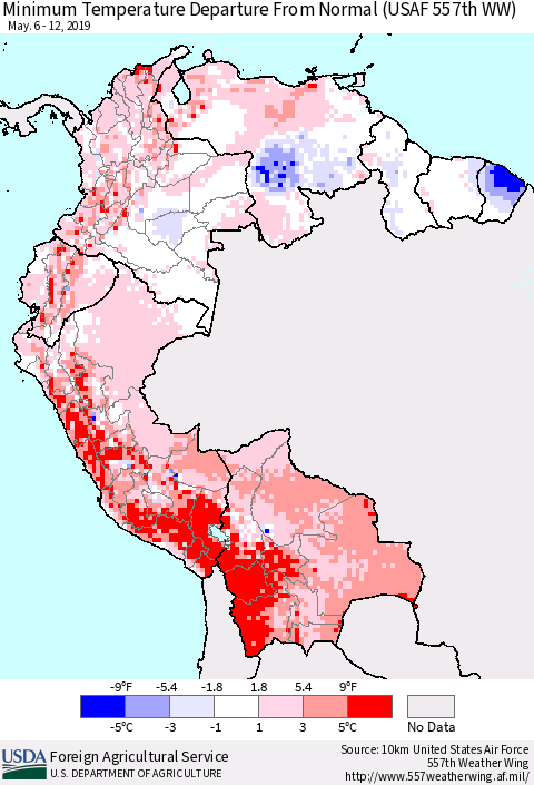 Northern South America Mean Minimum Temperature Departure from Normal (USAF 557th WW) Thematic Map For 5/6/2019 - 5/12/2019