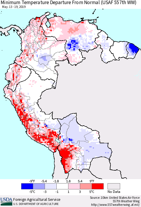 Northern South America Mean Minimum Temperature Departure from Normal (USAF 557th WW) Thematic Map For 5/13/2019 - 5/19/2019