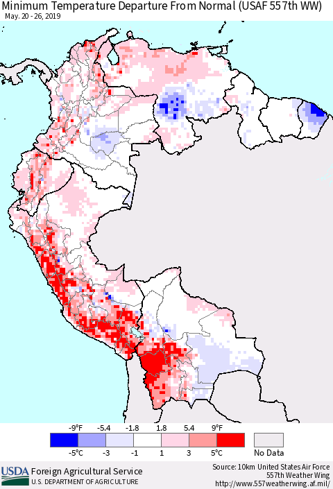 Northern South America Mean Minimum Temperature Departure from Normal (USAF 557th WW) Thematic Map For 5/20/2019 - 5/26/2019
