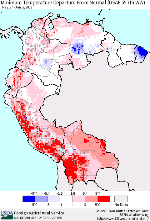 Northern South America Mean Minimum Temperature Departure from Normal (USAF 557th WW) Thematic Map For 5/27/2019 - 6/2/2019