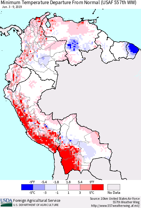 Northern South America Mean Minimum Temperature Departure from Normal (USAF 557th WW) Thematic Map For 6/3/2019 - 6/9/2019