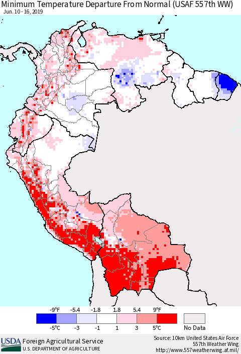 Northern South America Mean Minimum Temperature Departure from Normal (USAF 557th WW) Thematic Map For 6/10/2019 - 6/16/2019
