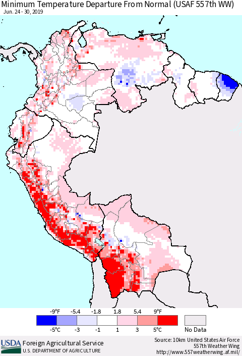 Northern South America Mean Minimum Temperature Departure from Normal (USAF 557th WW) Thematic Map For 6/24/2019 - 6/30/2019