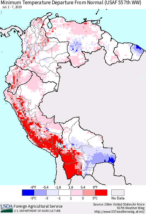Northern South America Mean Minimum Temperature Departure from Normal (USAF 557th WW) Thematic Map For 7/1/2019 - 7/7/2019
