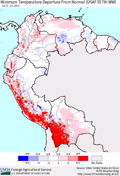 Northern South America Mean Minimum Temperature Departure from Normal (USAF 557th WW) Thematic Map For 7/8/2019 - 7/14/2019