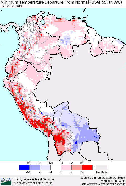 Northern South America Mean Minimum Temperature Departure from Normal (USAF 557th WW) Thematic Map For 7/22/2019 - 7/28/2019