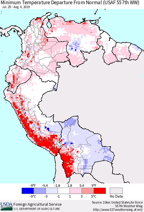Northern South America Mean Minimum Temperature Departure from Normal (USAF 557th WW) Thematic Map For 7/29/2019 - 8/4/2019