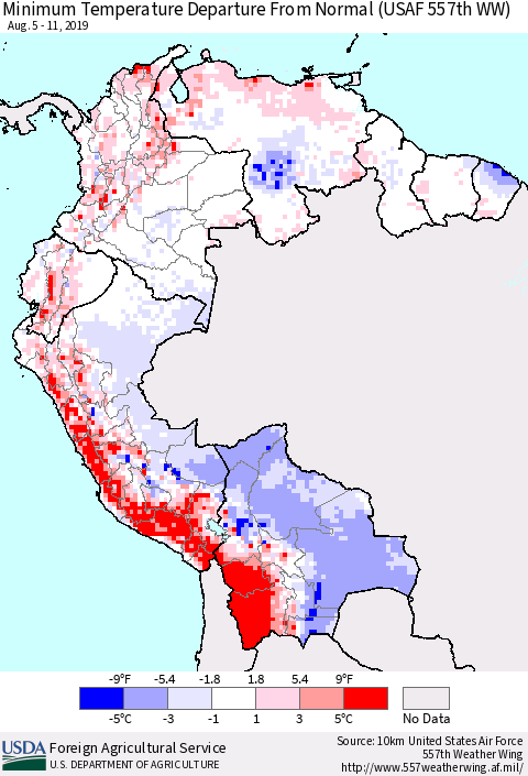 Northern South America Mean Minimum Temperature Departure from Normal (USAF 557th WW) Thematic Map For 8/5/2019 - 8/11/2019