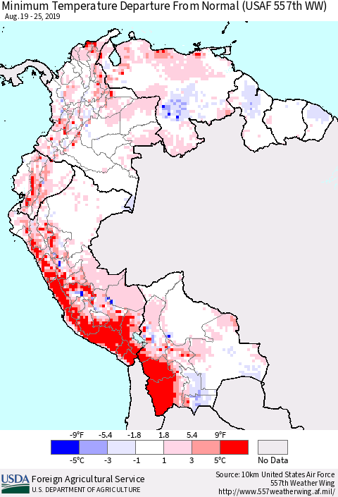 Northern South America Mean Minimum Temperature Departure from Normal (USAF 557th WW) Thematic Map For 8/19/2019 - 8/25/2019
