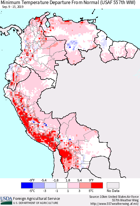 Northern South America Mean Minimum Temperature Departure from Normal (USAF 557th WW) Thematic Map For 9/9/2019 - 9/15/2019
