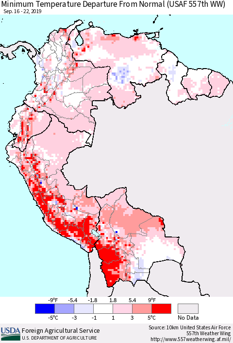 Northern South America Mean Minimum Temperature Departure from Normal (USAF 557th WW) Thematic Map For 9/16/2019 - 9/22/2019