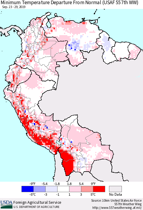 Northern South America Mean Minimum Temperature Departure from Normal (USAF 557th WW) Thematic Map For 9/23/2019 - 9/29/2019