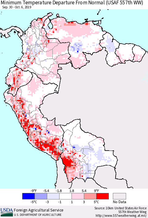 Northern South America Mean Minimum Temperature Departure from Normal (USAF 557th WW) Thematic Map For 9/30/2019 - 10/6/2019