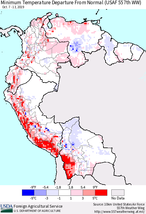 Northern South America Mean Minimum Temperature Departure from Normal (USAF 557th WW) Thematic Map For 10/7/2019 - 10/13/2019