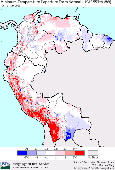 Northern South America Mean Minimum Temperature Departure from Normal (USAF 557th WW) Thematic Map For 10/14/2019 - 10/20/2019