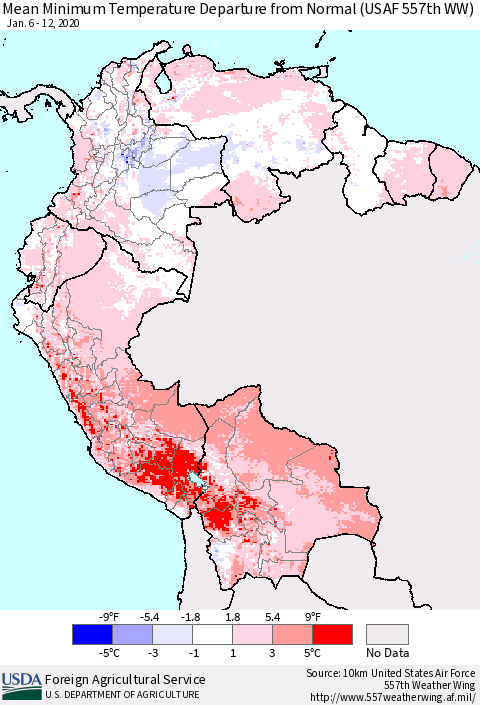 Northern South America Minimum Temperature Departure From Normal (USAF 557th WW) Thematic Map For 1/6/2020 - 1/12/2020