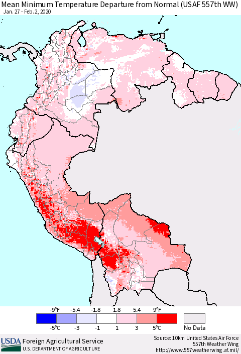Northern South America Mean Minimum Temperature Departure from Normal (USAF 557th WW) Thematic Map For 1/27/2020 - 2/2/2020