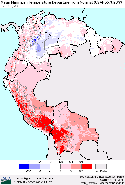 Northern South America Minimum Temperature Departure From Normal (USAF 557th WW) Thematic Map For 2/3/2020 - 2/9/2020