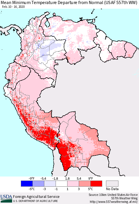 Northern South America Minimum Temperature Departure From Normal (USAF 557th WW) Thematic Map For 2/10/2020 - 2/16/2020
