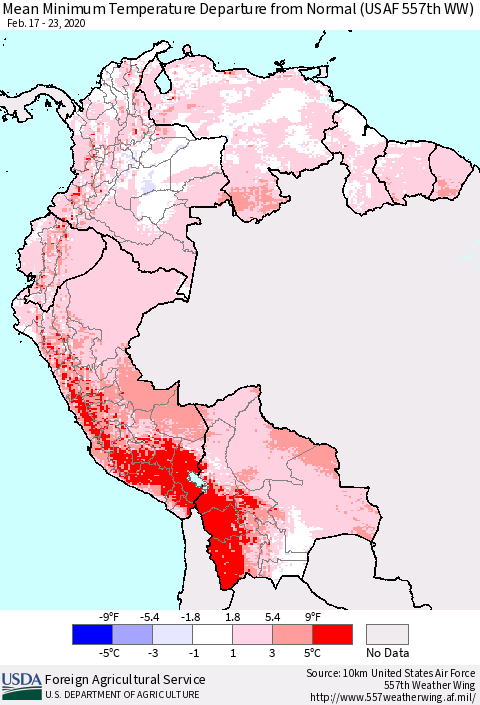 Northern South America Mean Minimum Temperature Departure from Normal (USAF 557th WW) Thematic Map For 2/17/2020 - 2/23/2020