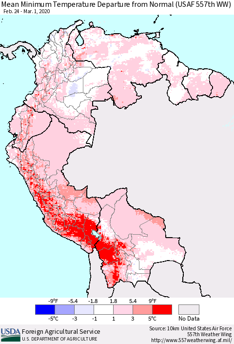 Northern South America Mean Minimum Temperature Departure from Normal (USAF 557th WW) Thematic Map For 2/24/2020 - 3/1/2020