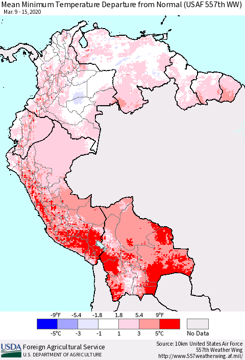 Northern South America Mean Minimum Temperature Departure from Normal (USAF 557th WW) Thematic Map For 3/9/2020 - 3/15/2020